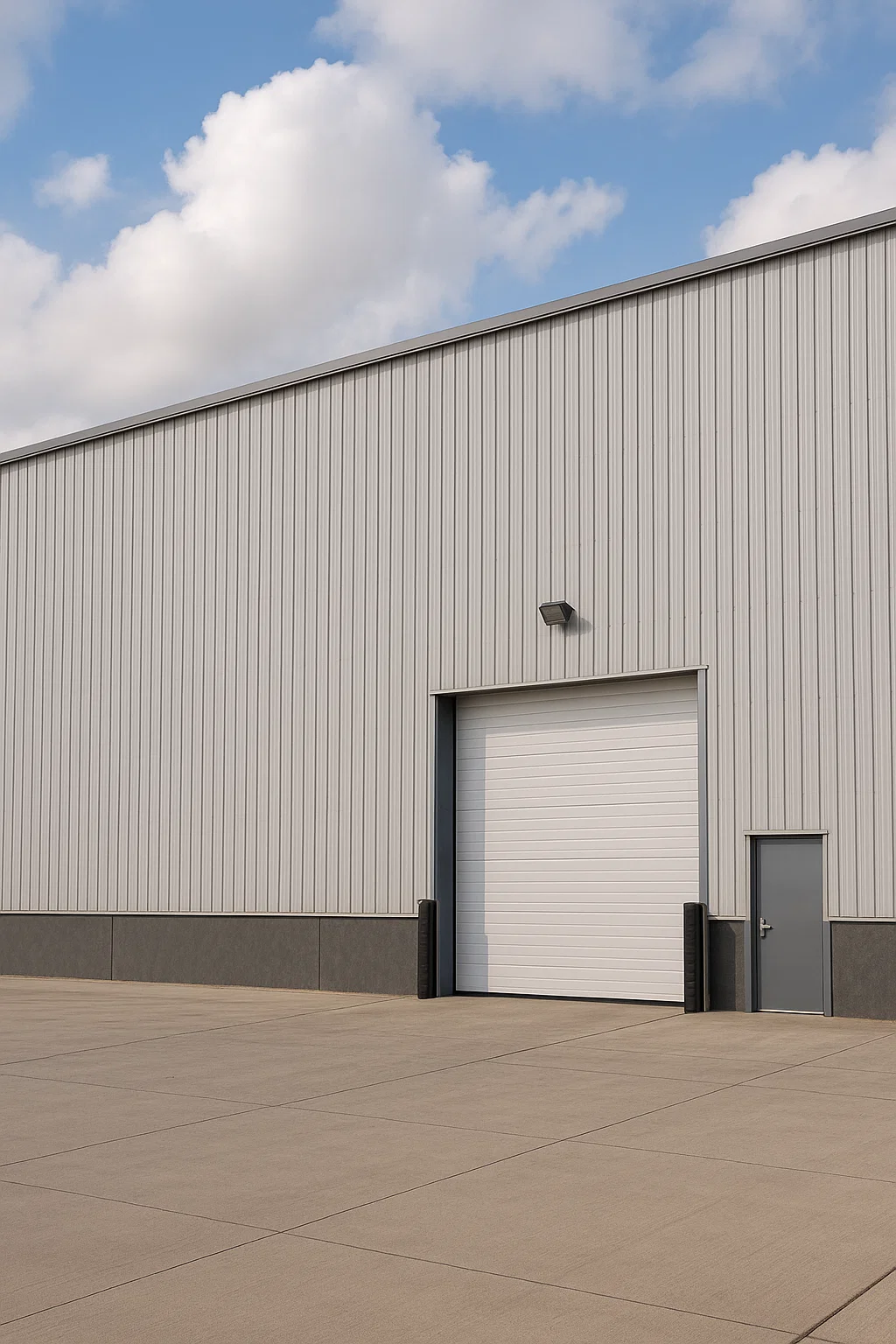 Udendørs billede af en stor industribygning med grå facade, stor port og en mindre sidedør, omgivet af en rummelig betonbelagt gårdsplads.